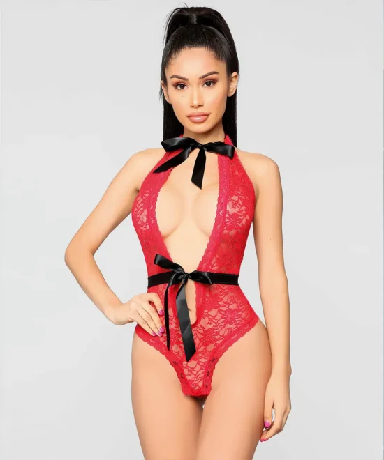 Boyun ve Bel Fiyonklu Kırmızı Fantezi Babydoll