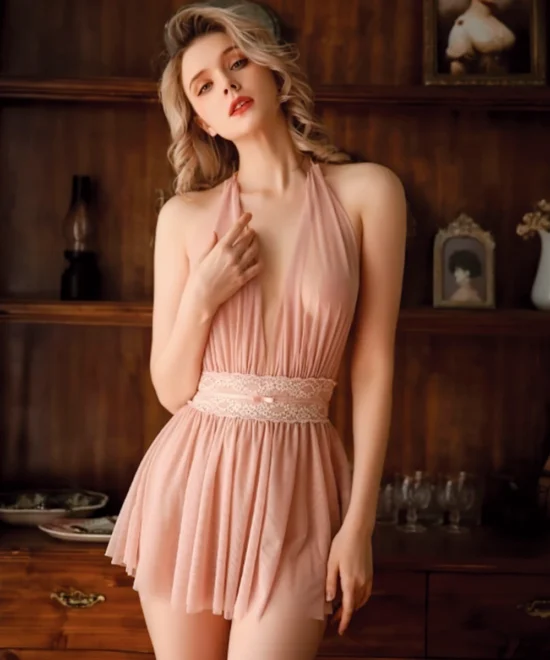 pudra pembe dantelli fantezi mini gecelik