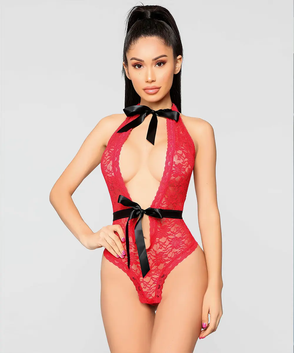 Boyun ve Bel Fiyonklu Kırmızı Fantezi Babydoll